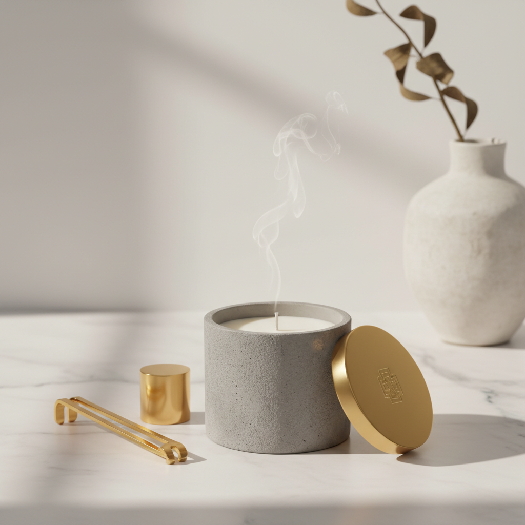 Vela aromática de lujo en concreto con tapa dorada