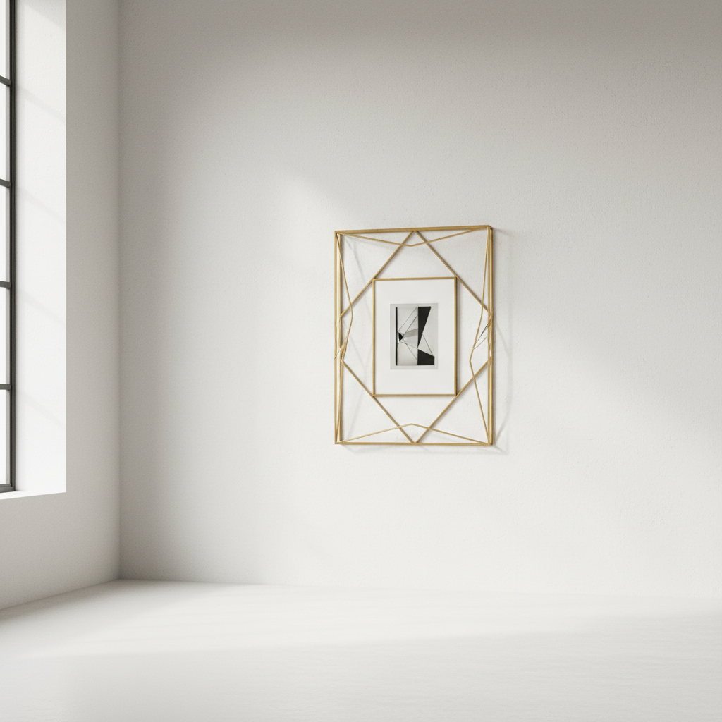 Marco geométrico de latón dorado en pared blanca