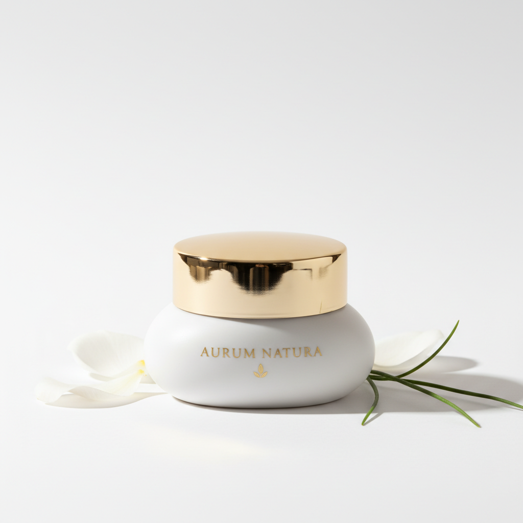 Crema facial orgánica en tarro cerámico blanco con tapa dorada