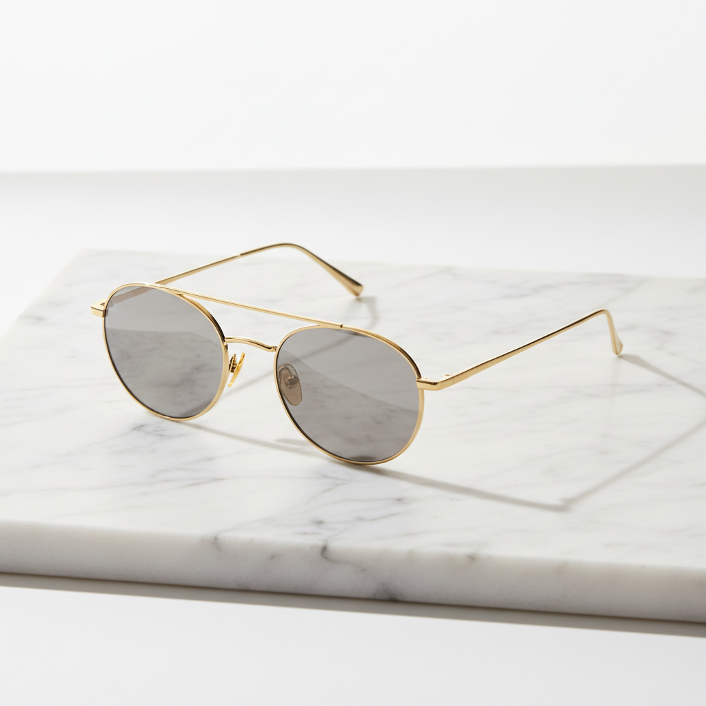Gafas de sol marco dorado sobre mármol