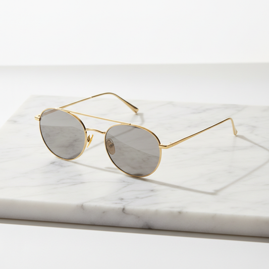 Gafas de sol marco dorado sobre mármol