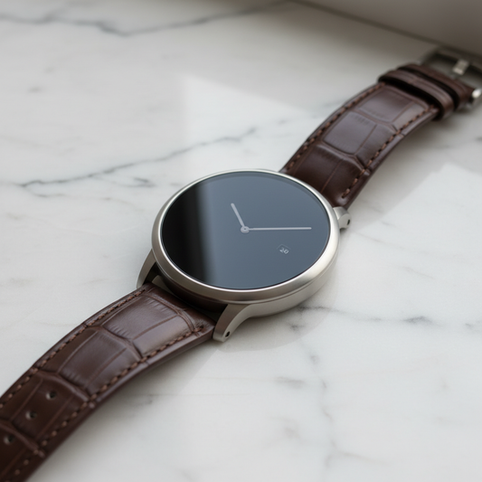 Smartwatch premium con correa de cuero sobre mármol