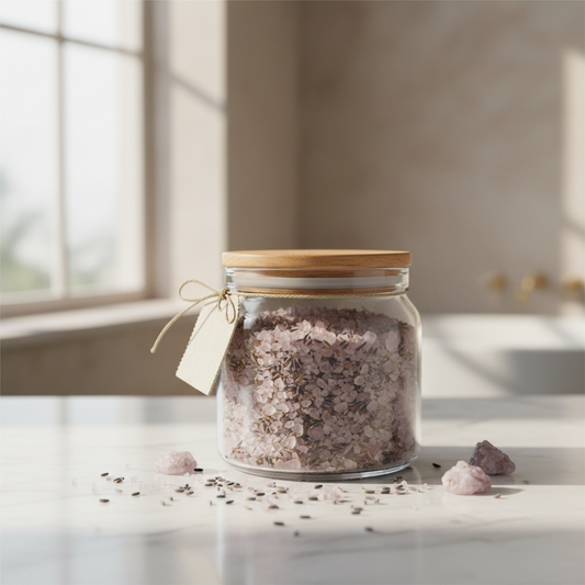 Sales de baño con lavanda en frasco de vidrio