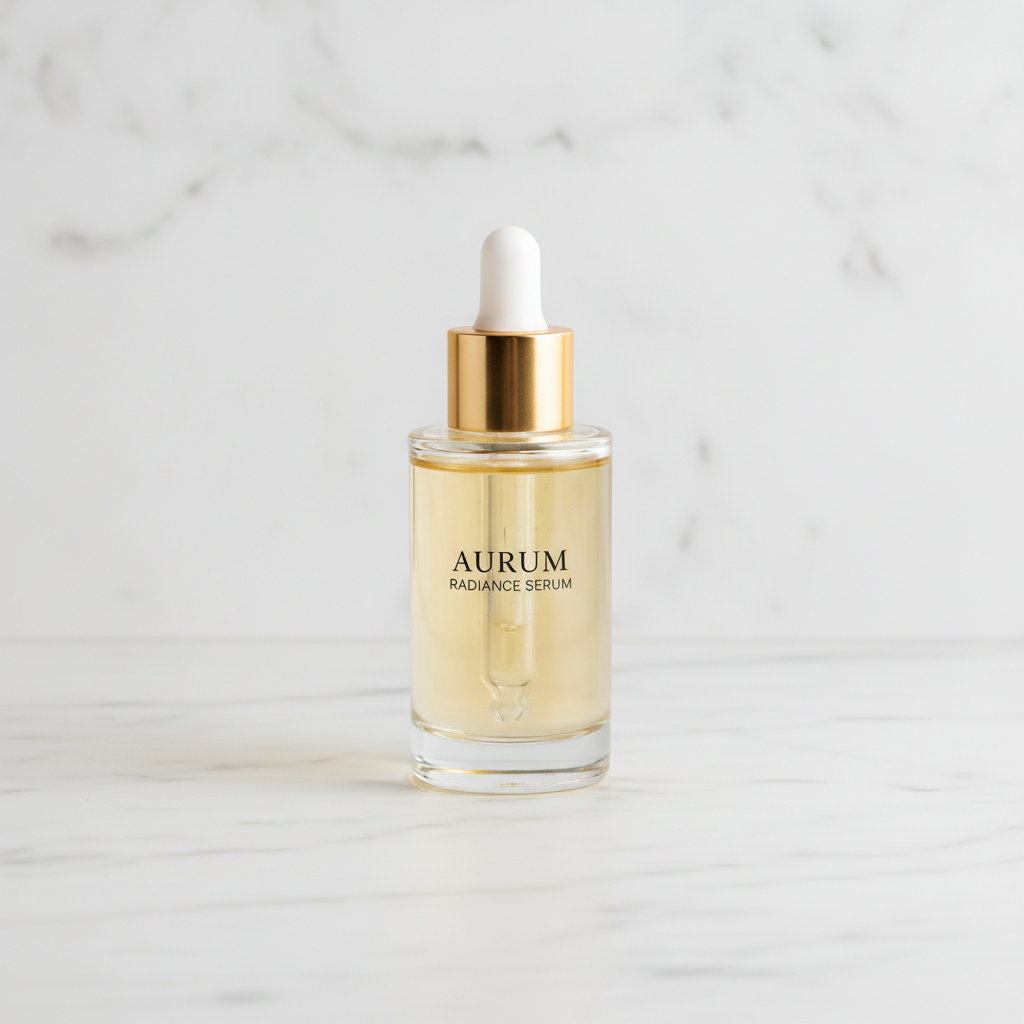 Sérum facial de lujo en frasco de vidrio con gotero dorado