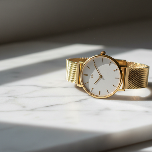 Reloj dorado de lujo sobre mármol blanco