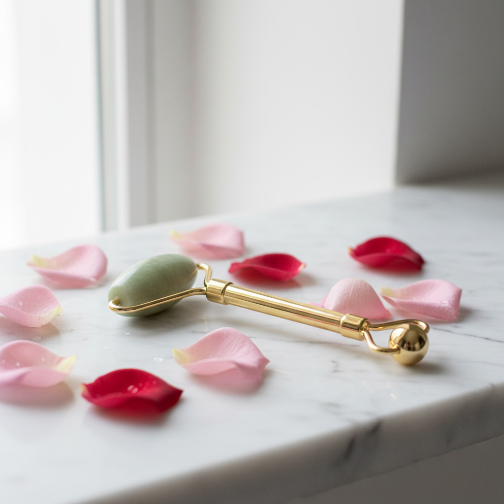 Rodillo de jade facial con pétalos de rosa